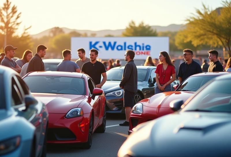 Group of car enthusiasts gathered at a meetup next to clean cars