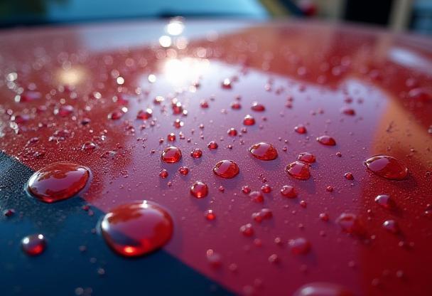 Close-up of water perfectly beading on a ceramic coated car hood