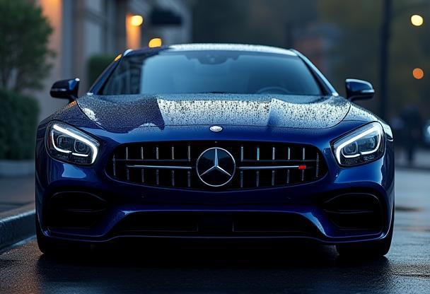 Front view of a perfectly clean blue sedan after detailing