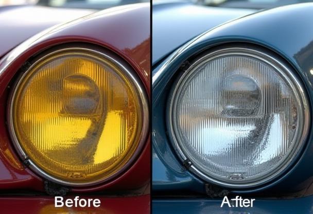 Side by side comparison of a foggy headlight next to a restored, clear one