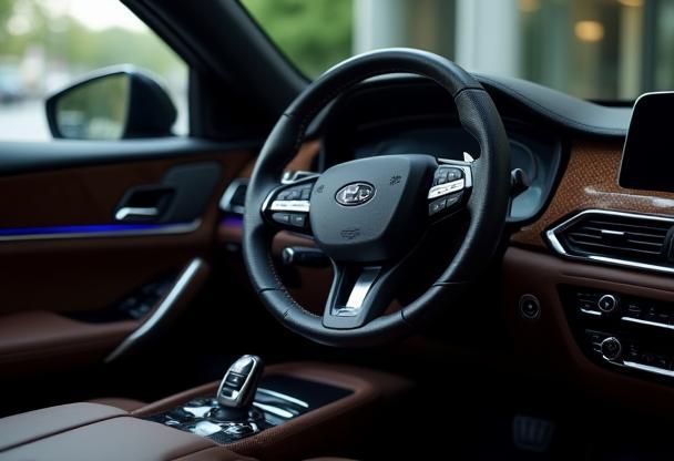 Detailed view of a pristine car dashboard, steering wheel, and console