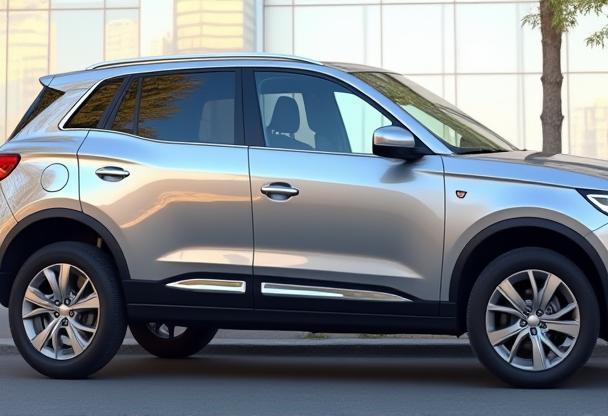 Side view of a clean silver SUV showing reflection